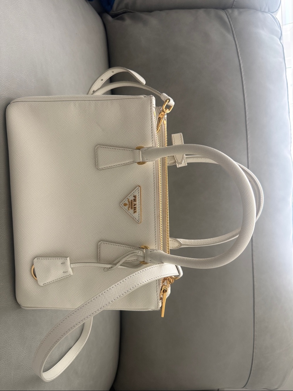 Prada White Saffiano Leather Satchel with Gold Hardware